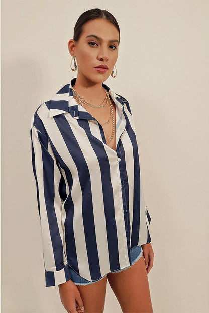 3964 Lightly Flowing Striped Satin Shirt - Dark Blue