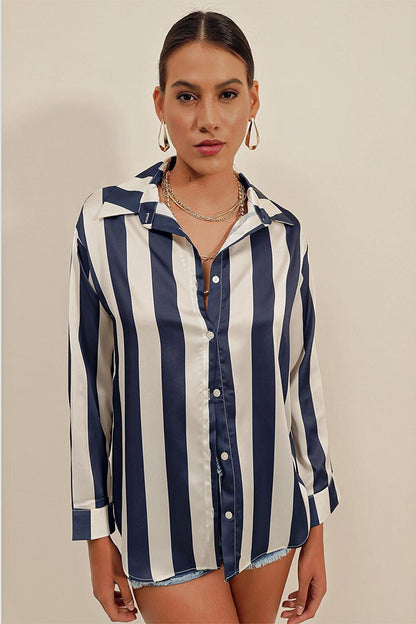 3964 Lightly Flowing Striped Satin Shirt - Dark Blue