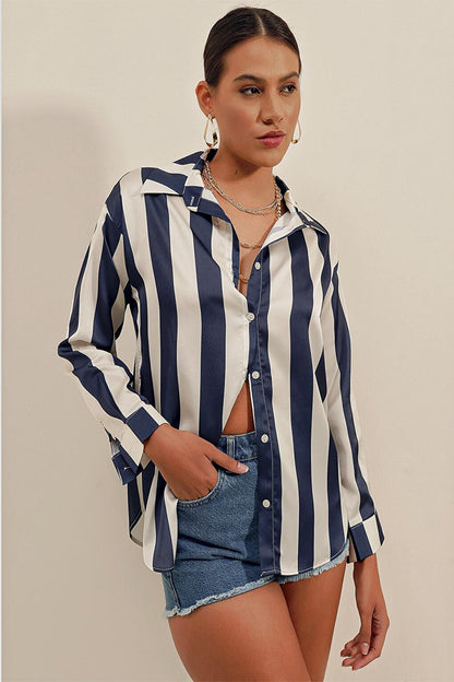 3964 Lightly Flowing Striped Satin Shirt - Dark Blue