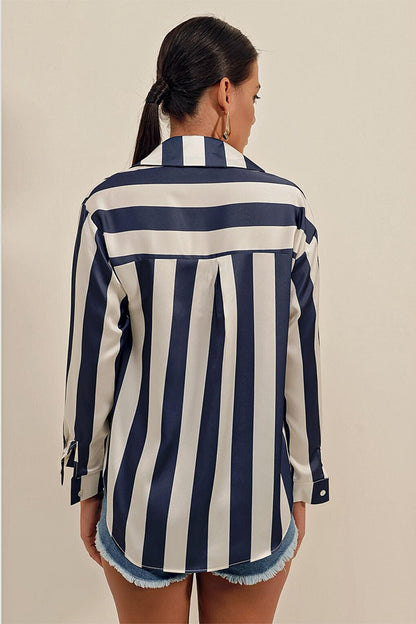 3964 Lightly Flowing Striped Satin Shirt - Dark Blue