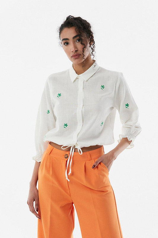 Embroidered Tie Waist Linen Shirt