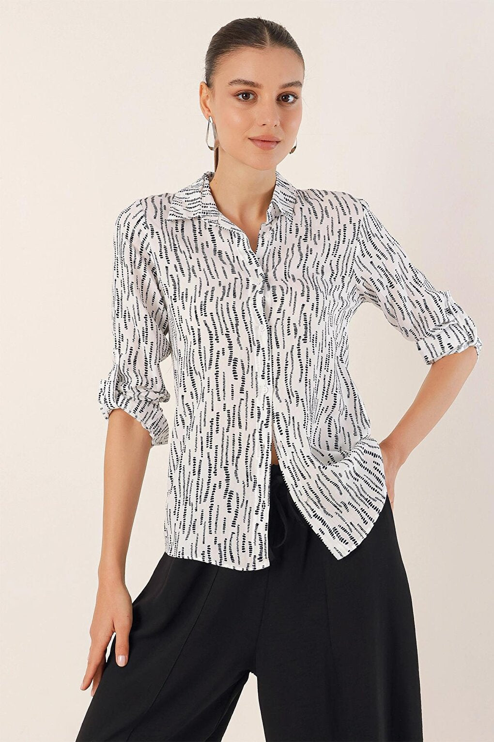 White Sleeve Folded Patterned Viscose Shirt