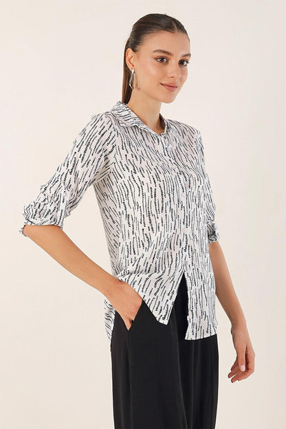 White Sleeve Folded Patterned Viscose Shirt