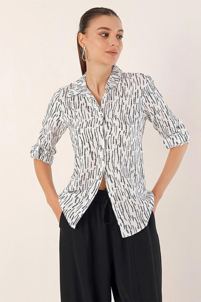 White Sleeve Folded Patterned Viscose Shirt