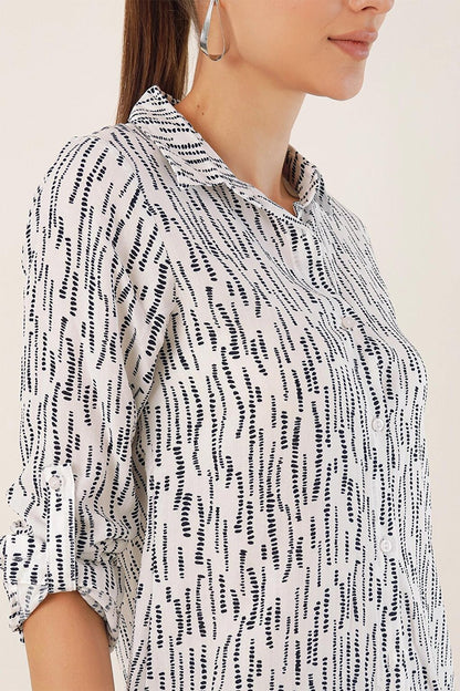 White Sleeve Folded Patterned Viscose Shirt