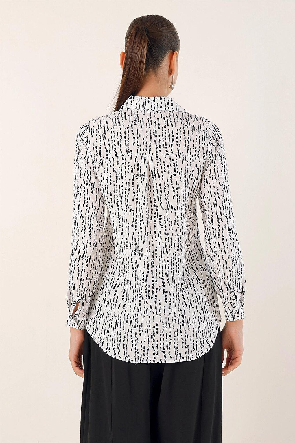 White Sleeve Folded Patterned Viscose Shirt