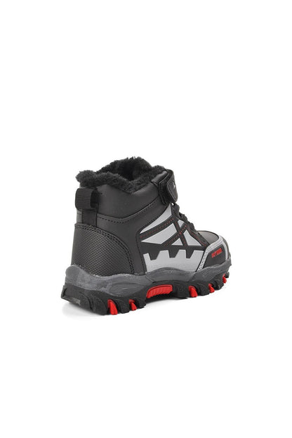 717-P Black-Red Shearling Water Repellent Children's Outdoor Boots