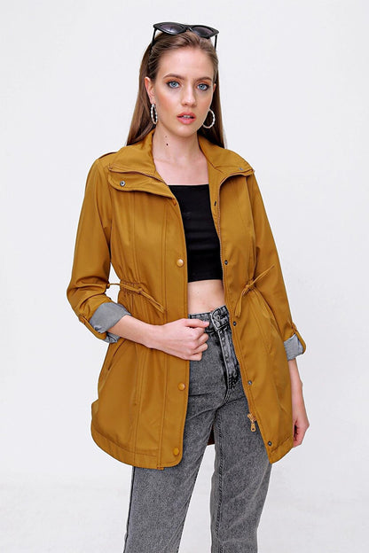 Mustard Yellow Zippered Trench Coat with Drawstring Waist and Sleeve Cuffs