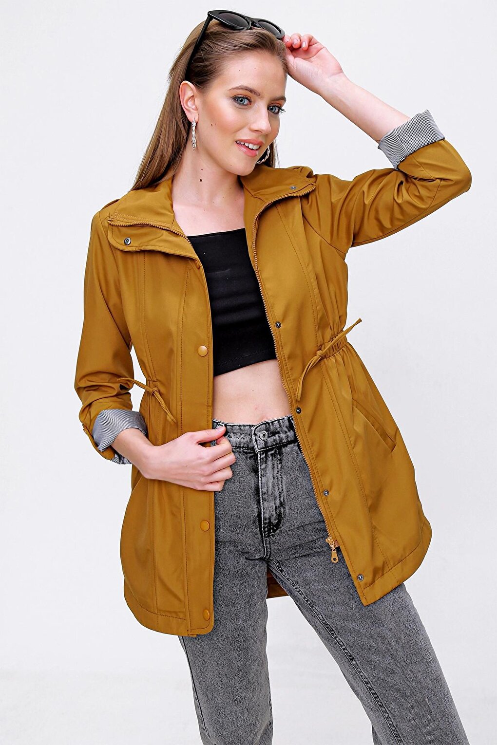 Mustard Yellow Zippered Trench Coat with Drawstring Waist and Sleeve Cuffs