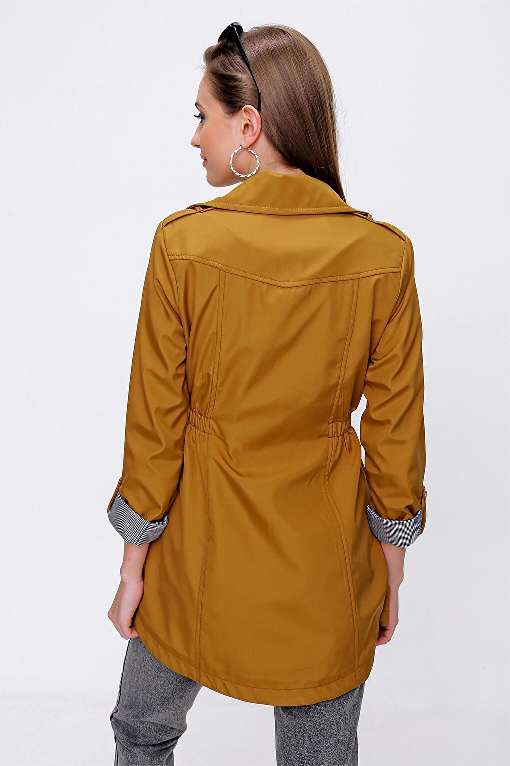 Mustard Yellow Zippered Trench Coat with Drawstring Waist and Sleeve Cuffs