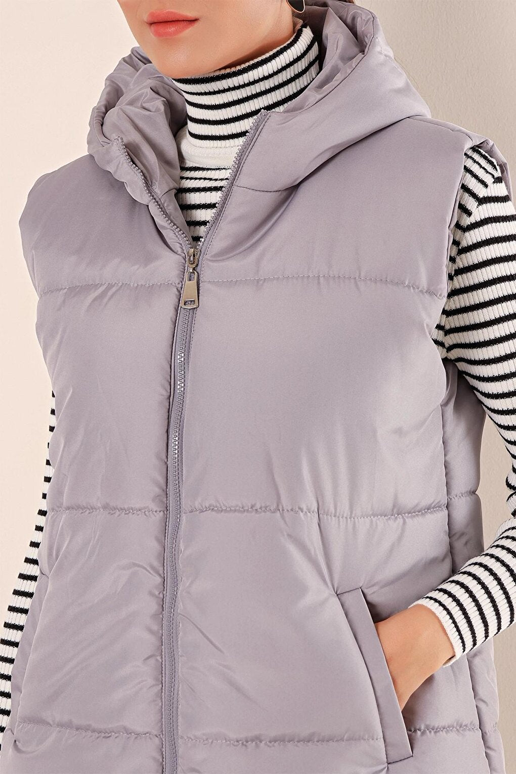 Gray Hooded Zippered Short Puffer Vest