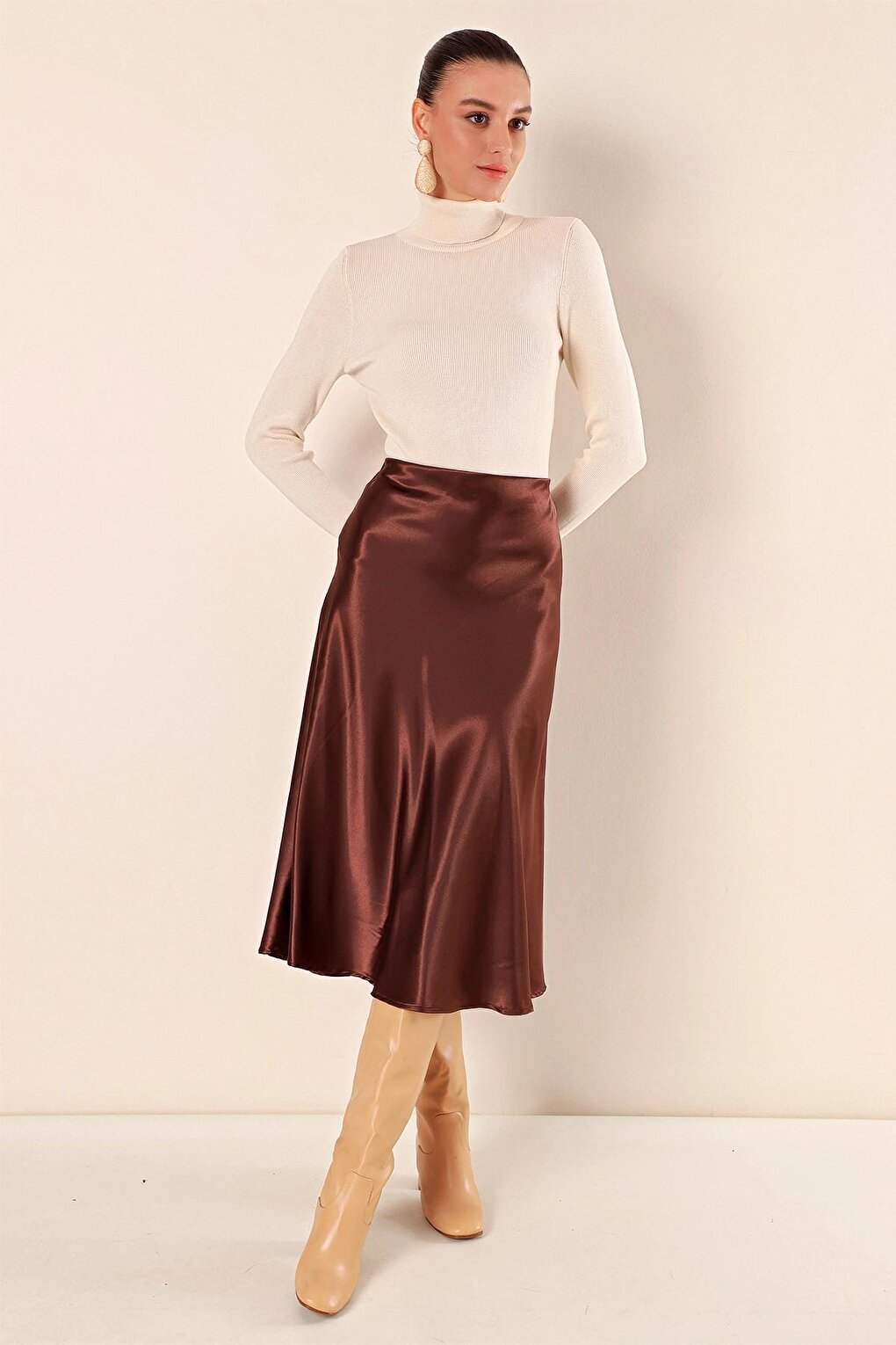 Brown Ankle Length Satin Skirt