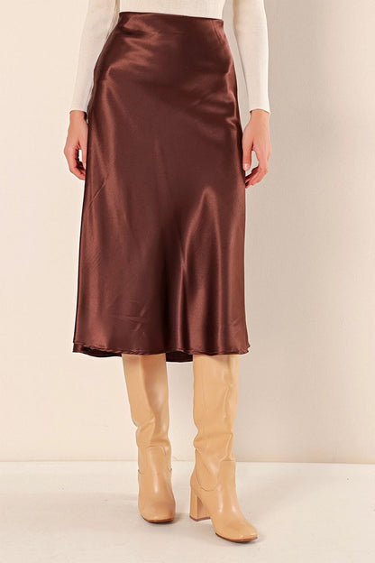 Brown Ankle Length Satin Skirt