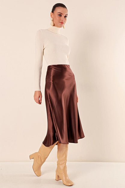 Brown Ankle Length Satin Skirt