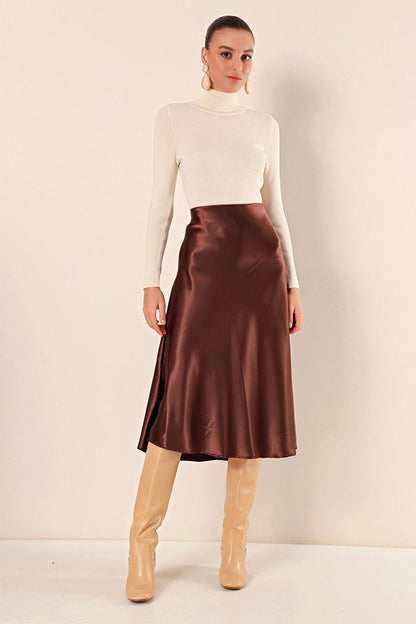 Brown Ankle Length Satin Skirt