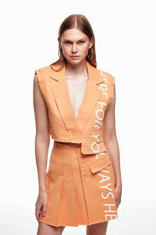 Asymmetric Print Detailed Sleeveless Vest Orange