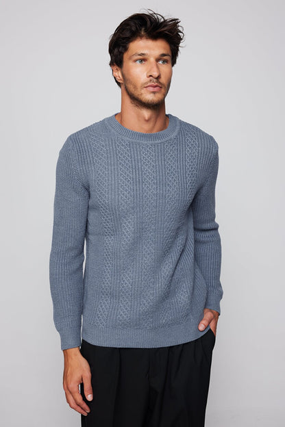 Men's Slim Fit Crew Neck Patterned Indigo Sweater