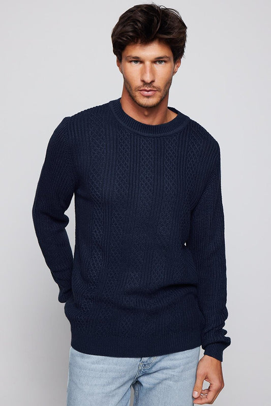 Men's Slim Fit Crew Neck Patterned Navy Blue Sweater