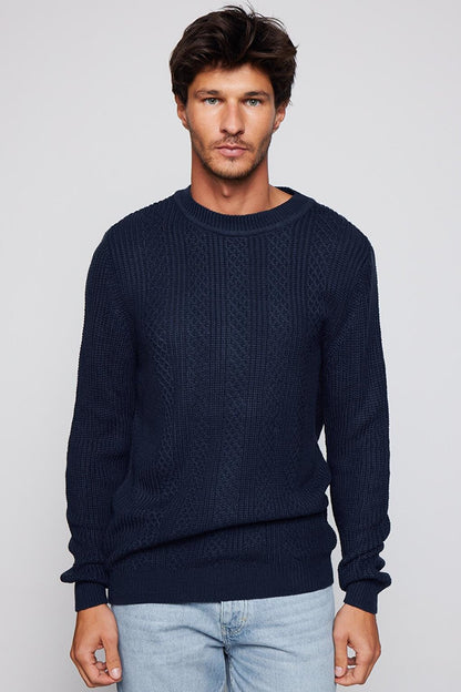 Men's Slim Fit Crew Neck Patterned Navy Blue Sweater