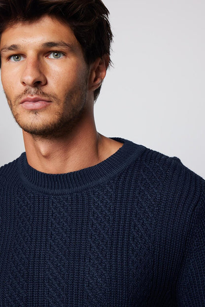 Men's Slim Fit Crew Neck Patterned Navy Blue Sweater