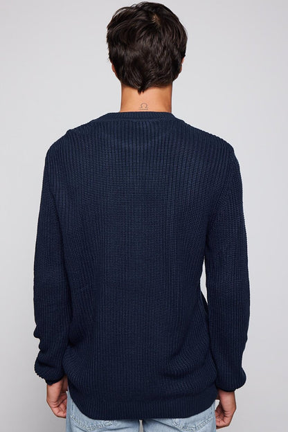 Men's Slim Fit Crew Neck Patterned Navy Blue Sweater