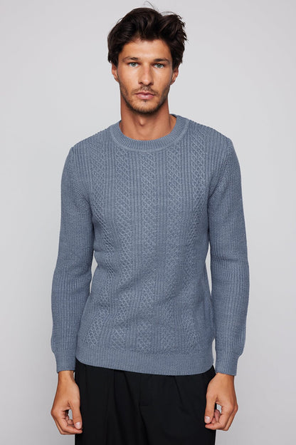 Men's Slim Fit Crew Neck Patterned Indigo Sweater