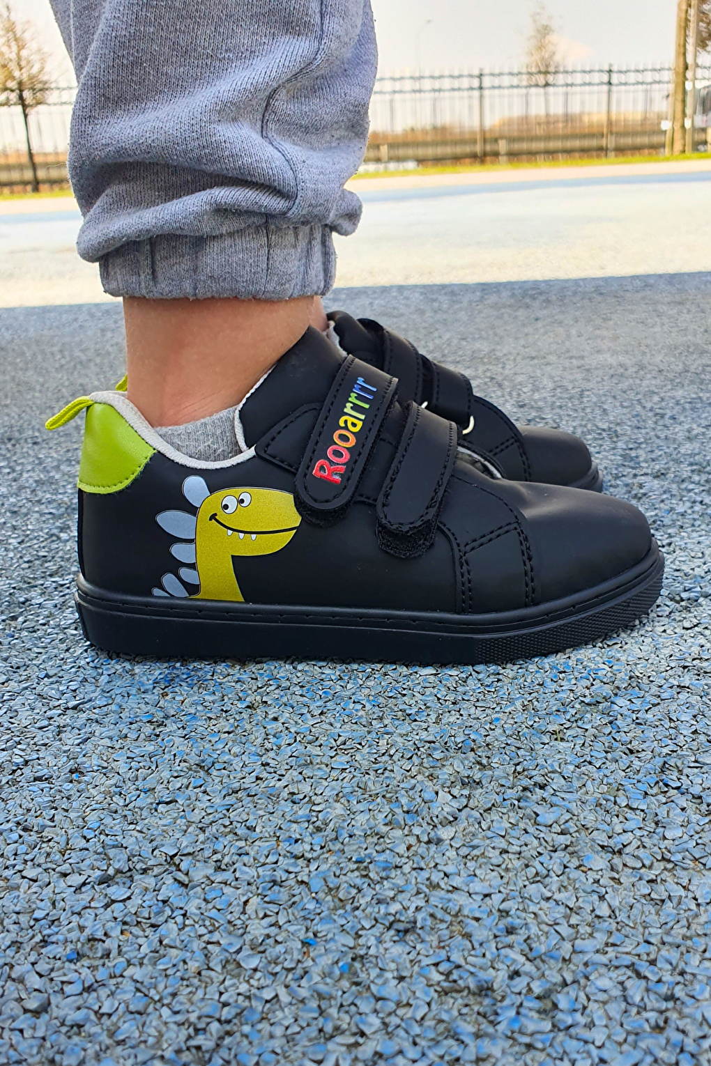 Dinosaur Printed Black Velcro Boy's Sports Shoes-S-1006