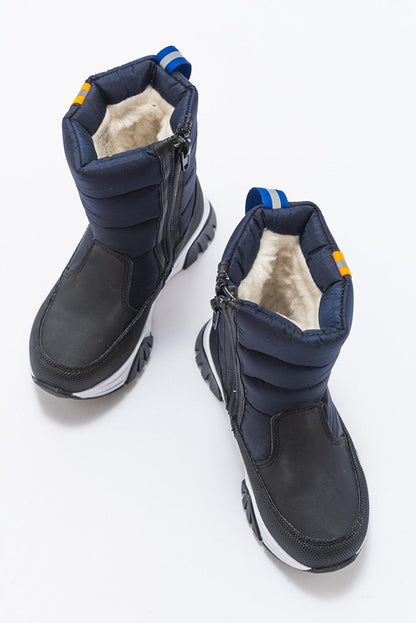 Boy's Navy Blue Leather &amp; Fur Anatomical Snow Boots