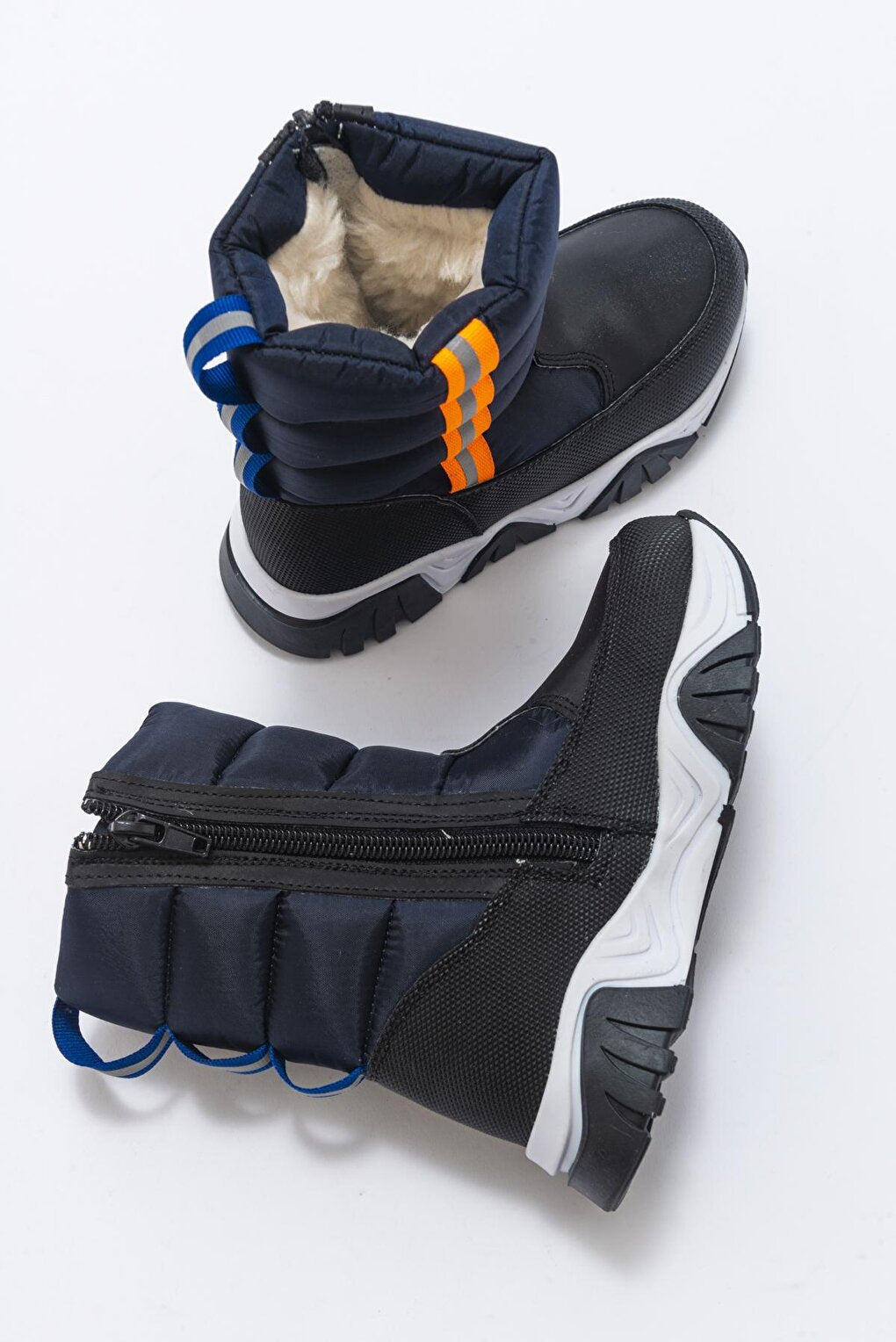 Boy's Navy Blue Leather &amp; Fur Anatomical Snow Boots