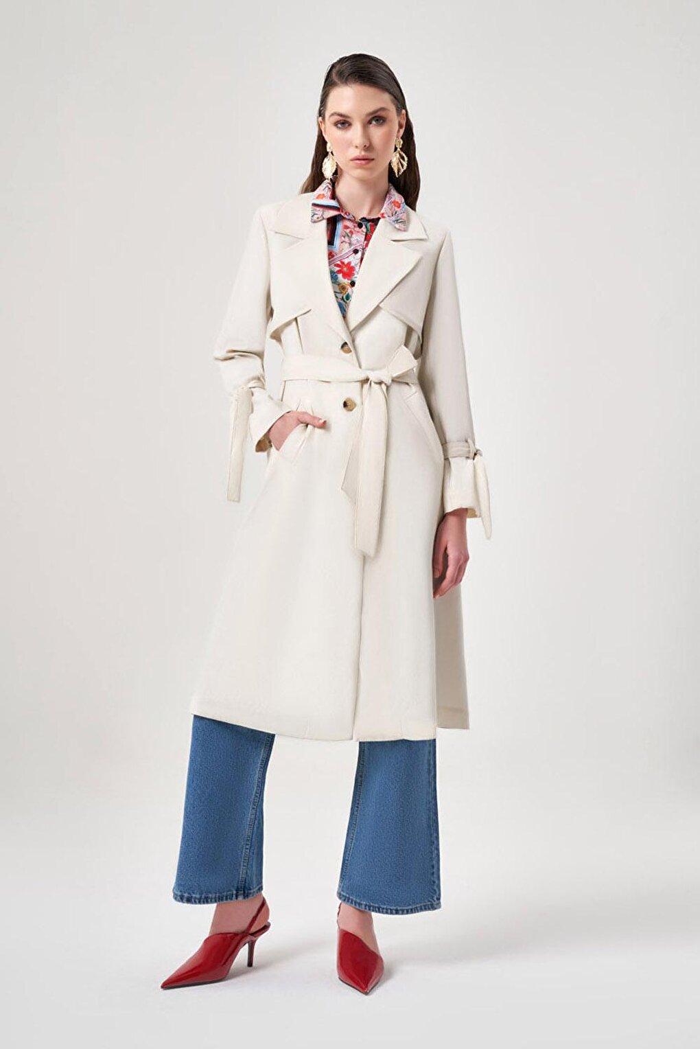 Linen Textured Beige Trench Coat