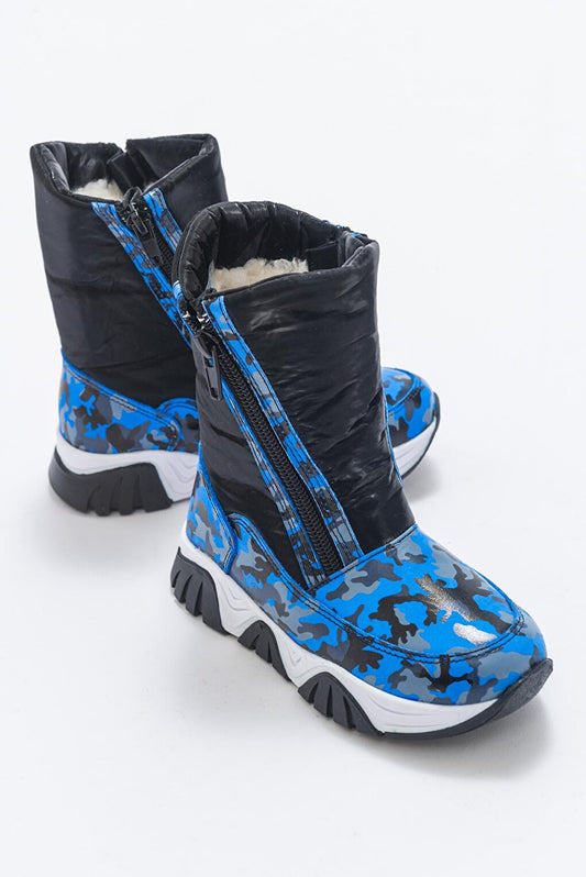 Boy's Saks Blue Genuine Leather Shearling Anatomical Snow Boots