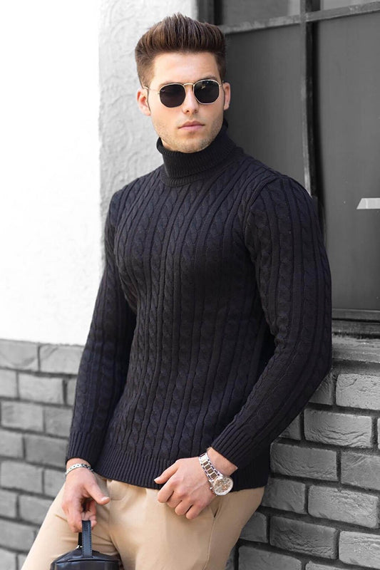 Knitted Patterned Turtleneck Black Sweater 4654