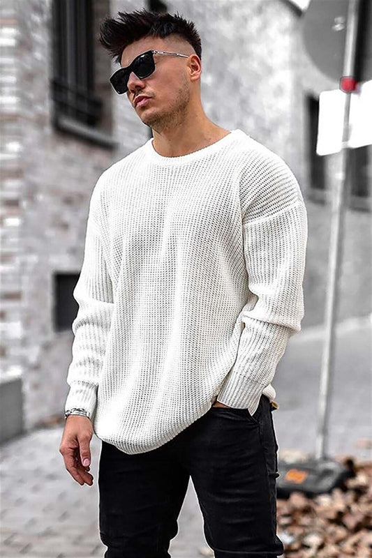 Crew Neck White Knitted Sweater 4518