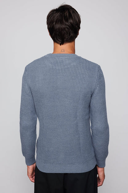 Men's Slim Fit Crew Neck Patterned Indigo Sweater