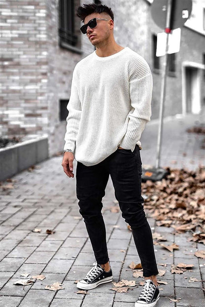 Crew Neck White Knitted Sweater 4518