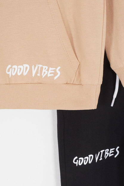 Cream Good Vibes Written Hooded Boys Tracksuit Set 16792