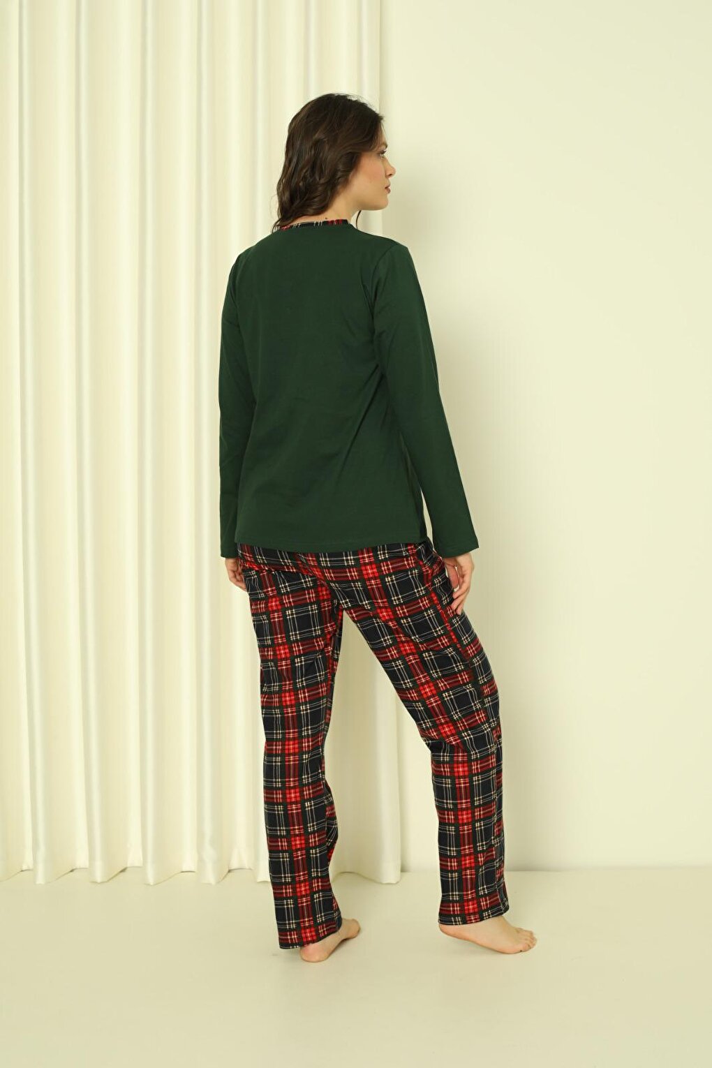 Women's Pajama Set Single Jersey Long Sleeves Small Plaid Cotton Seasonal W20322245