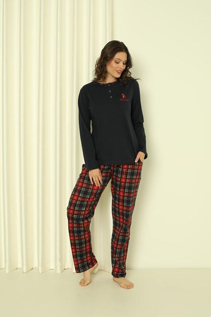 Women's Pajama Set Single Jersey Long Sleeves Small Plaid Cotton Seasonal W20322245