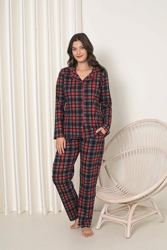 Women's Pajama Set Interlock Plaid Buttoned Cotton Seasonal W20392248