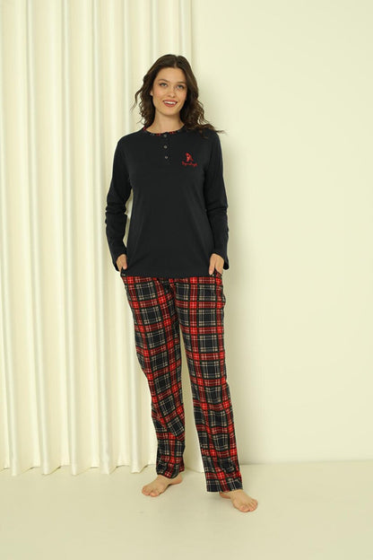 Women's Pajama Set Single Jersey Long Sleeves Small Plaid Cotton Seasonal W20322245