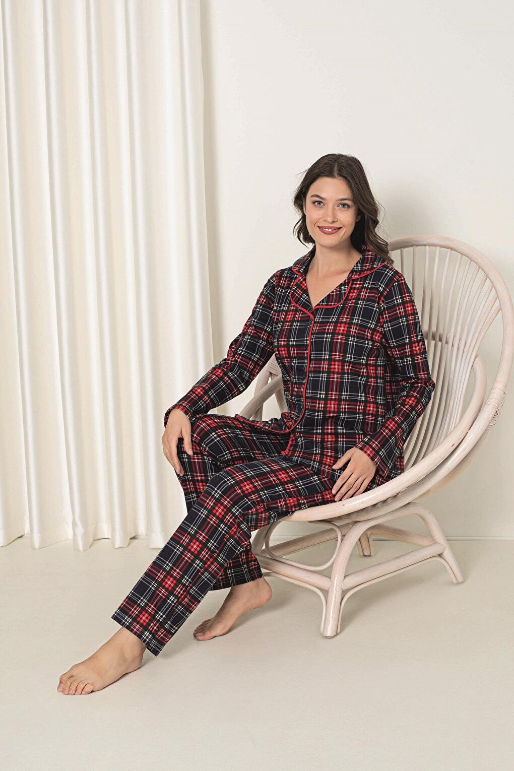 Women's Pajama Set Interlock Plaid Buttoned Cotton Seasonal W20392248