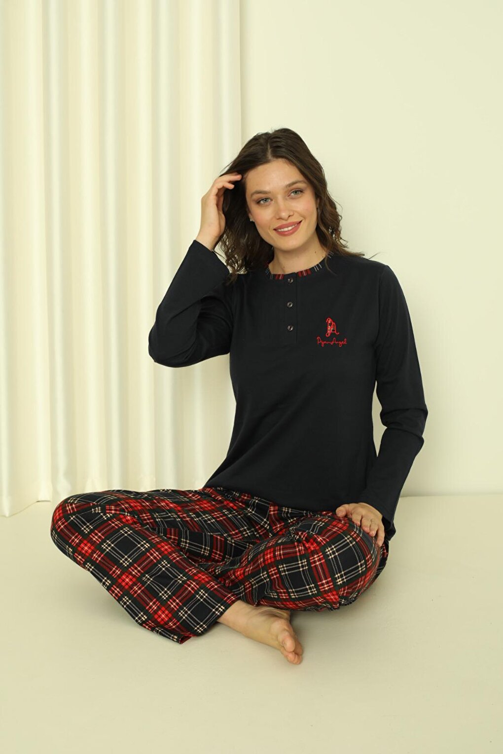 Women's Pajama Set Single Jersey Long Sleeves Small Plaid Cotton Seasonal W20322245