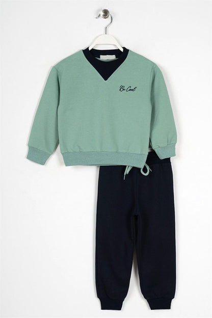 Boy's Green Colored Collar Double Suit with Color Detailed Waist Elastic