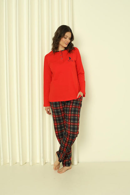 Women's Pajama Set Single Jersey Long Sleeves Small Plaid Cotton Seasonal W20322245