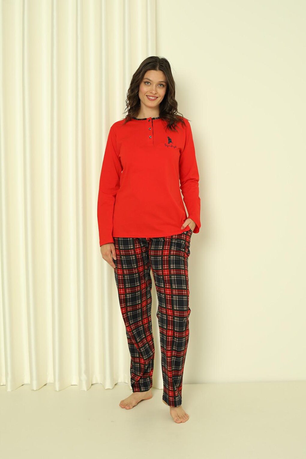 Women's Pajama Set Single Jersey Long Sleeves Small Plaid Cotton Seasonal W20322245