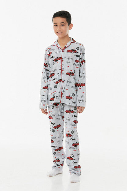 Printed Shirt Collar Unisex Pajama Set