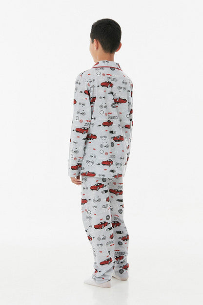 Printed Shirt Collar Unisex Pajama Set