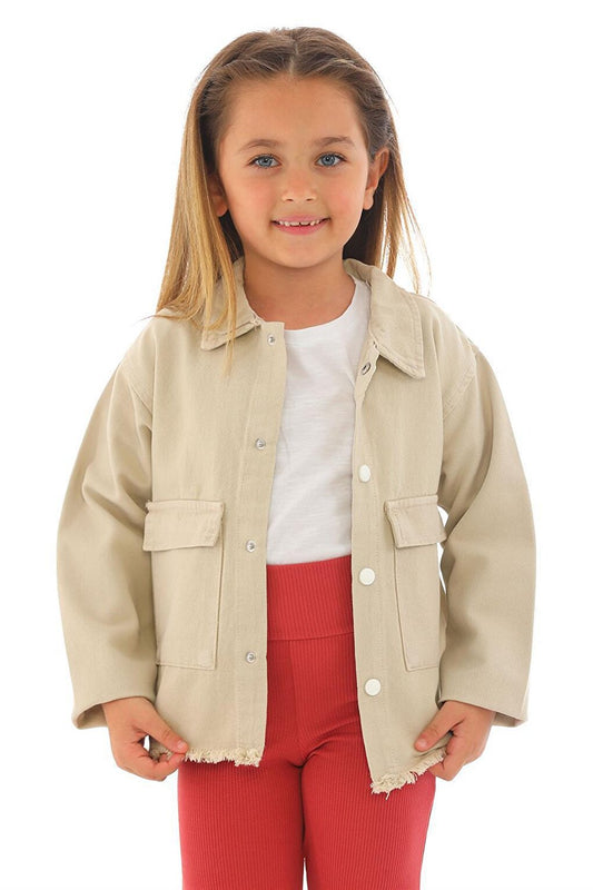 Girl's Beige Colored Pocket Buttoned Jacket