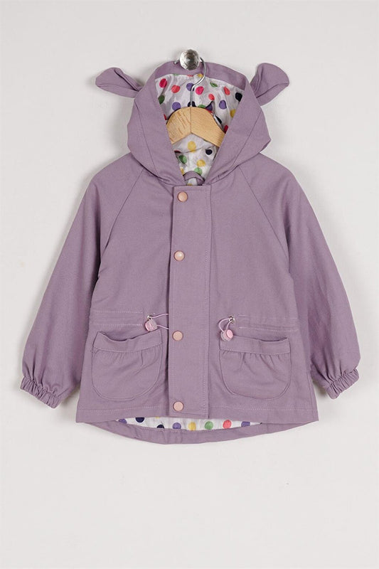 Girl's Lilac Colored Hooded Raincoat with Tie Waist