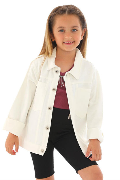 Girl's White Colored Unicorn Printed Buttoned Jacket with Pockets